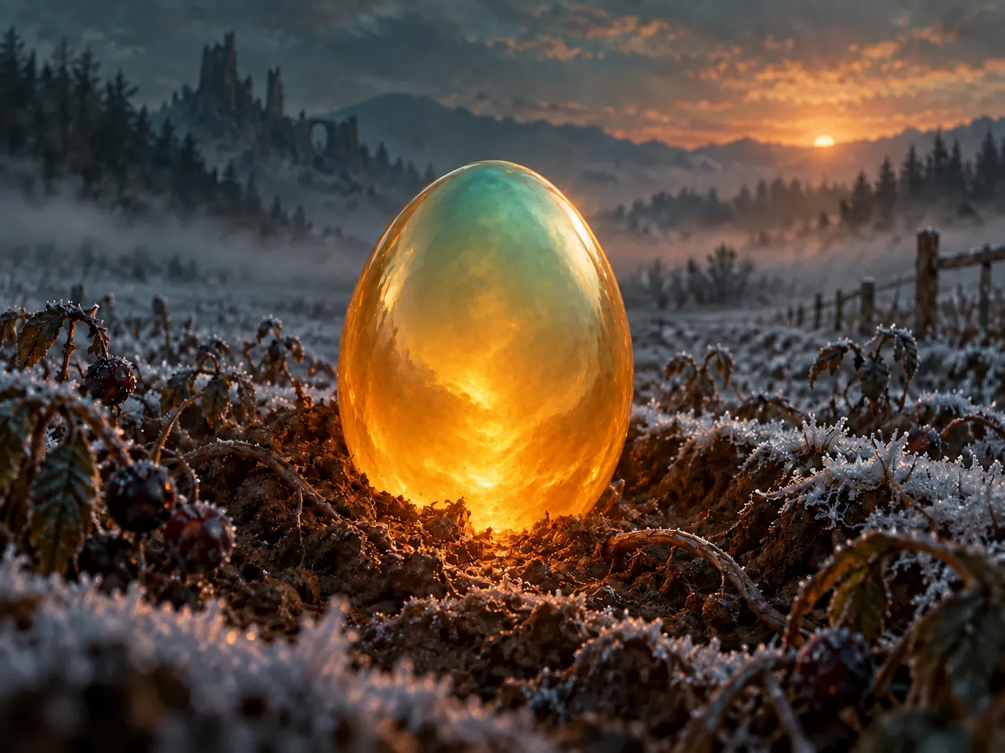 A smooth honey-amber egg glows warmly in the winter furrow