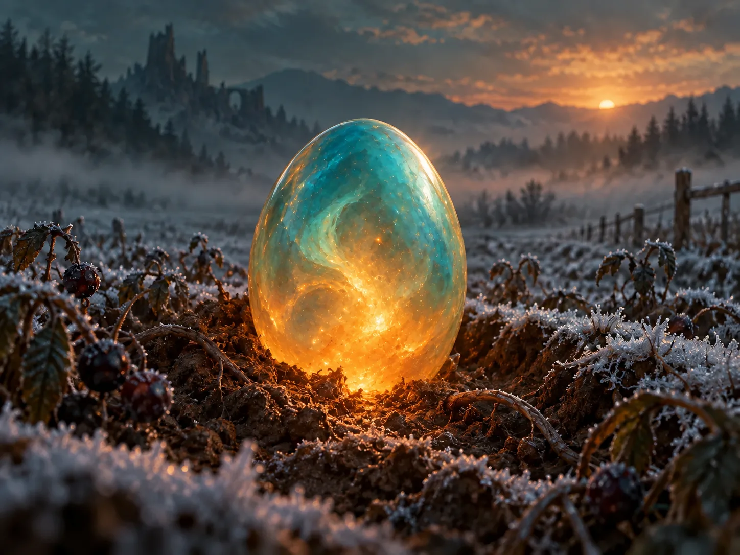 A smooth teal egg holds a gentle amber glow in a frosted boonberry furrow
