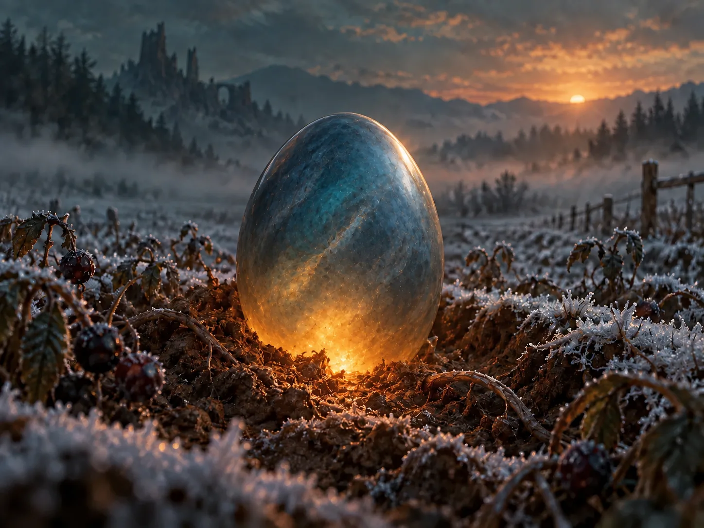 A smooth blue-grey egg holds a low amber glow beneath winter berries