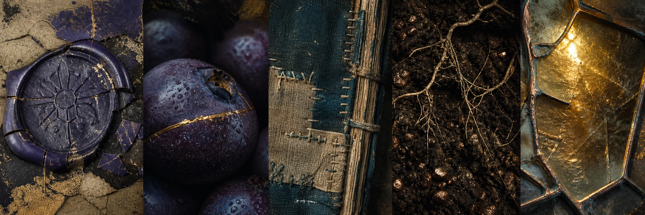 Five close material studies: cracked indigo sealing wax, luminous boonberry skin, a mended ledger cover, living soil with roots, and solar glass edged in copper