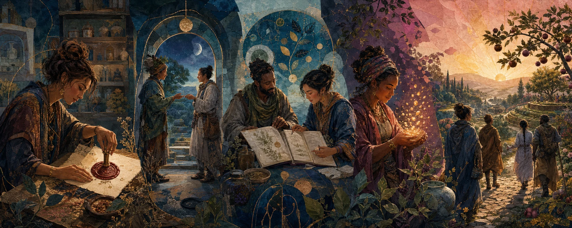 A luminous journey: sealed promise, shared threshold, honest ledger, protected seeds, return to a living orchard