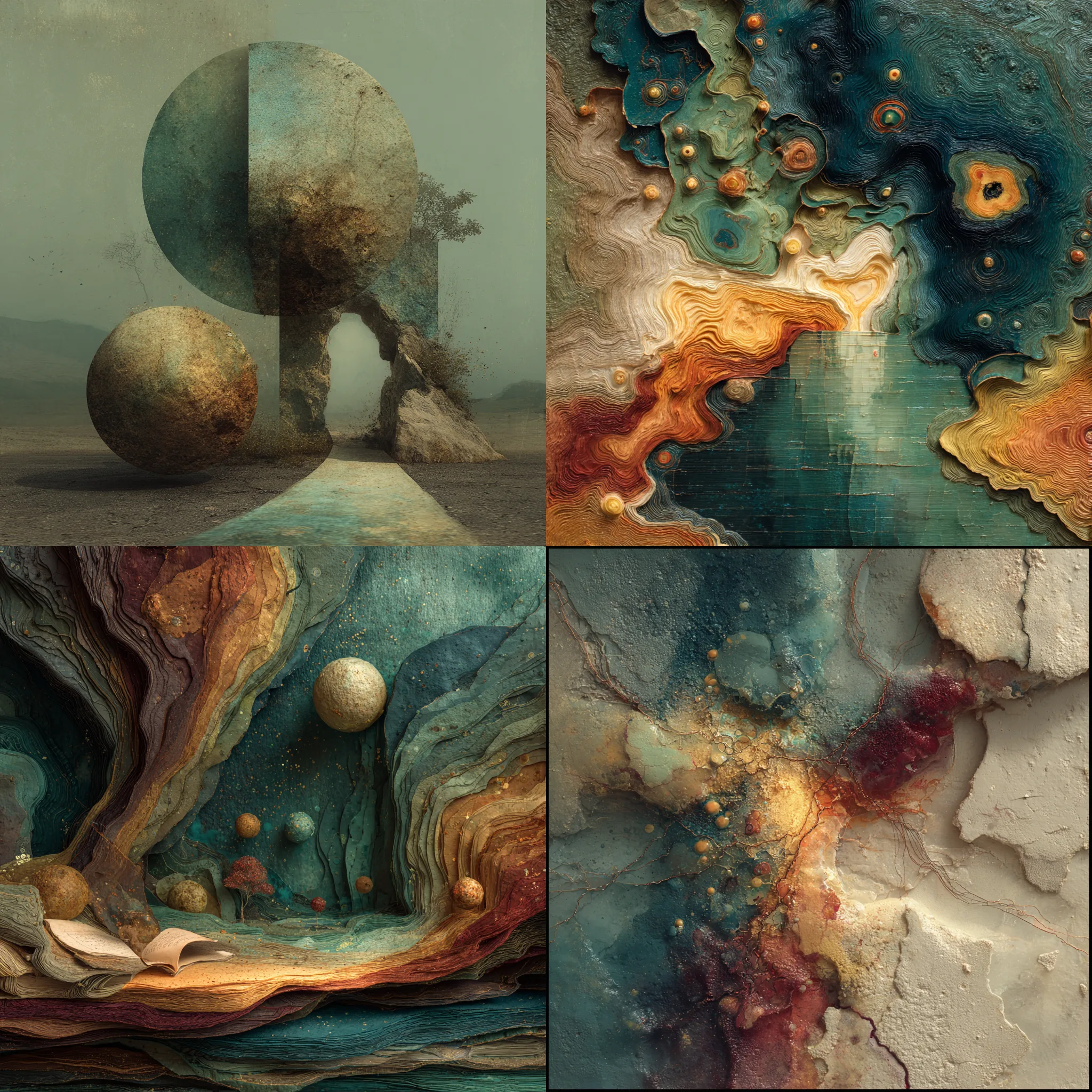 Four tactile studies of layered terrain, seeds, and luminous matter