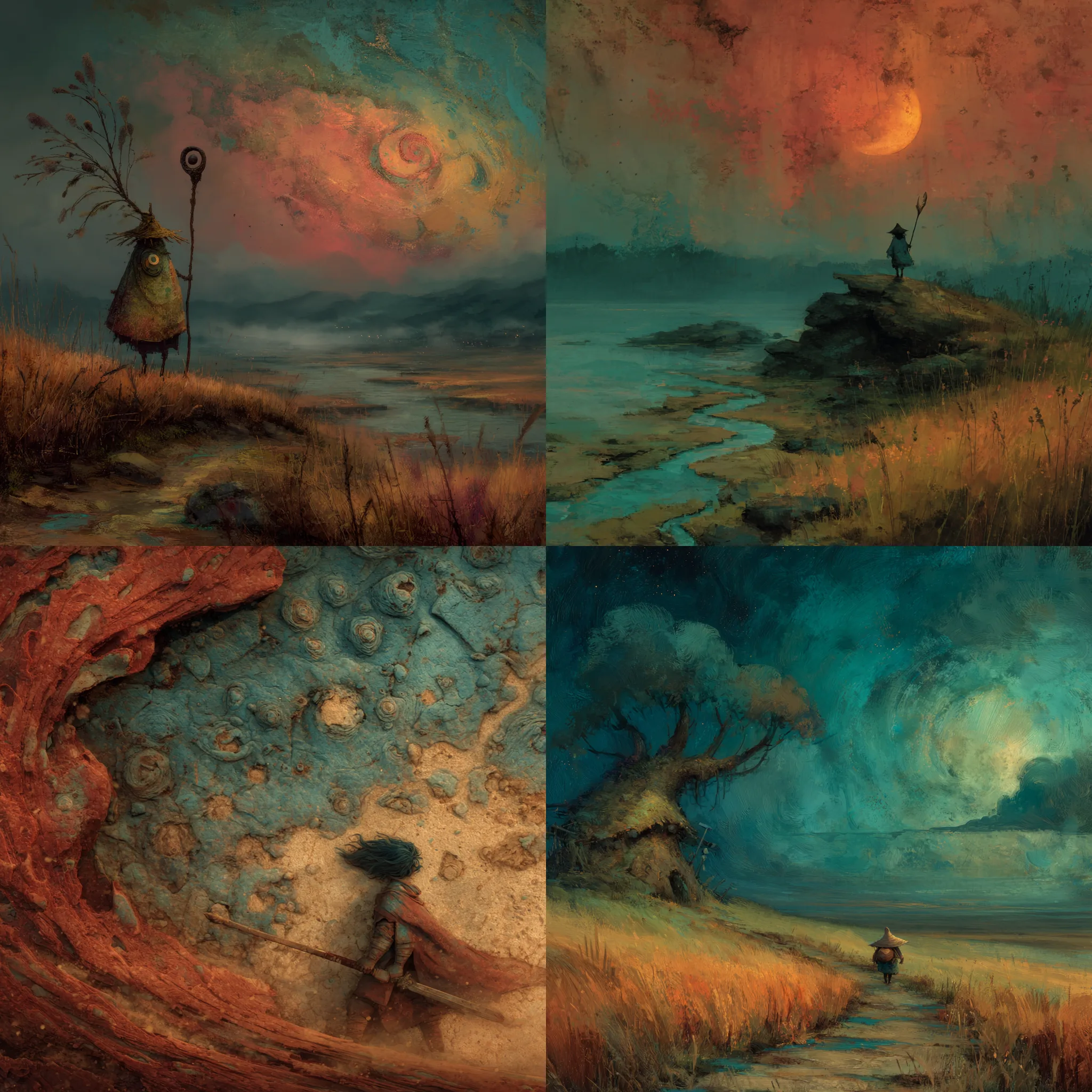 Four painterly studies of a lone traveler crossing the fields of Lore.Land